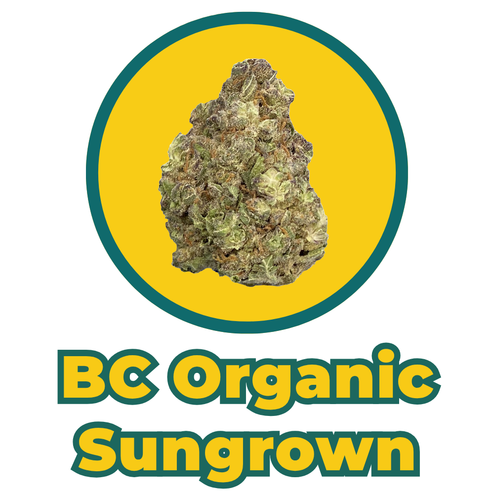 A cannabis bud inside a yellow circle with green outline, with text below that reads "BC Organic Sungrown" in yellow and green font.