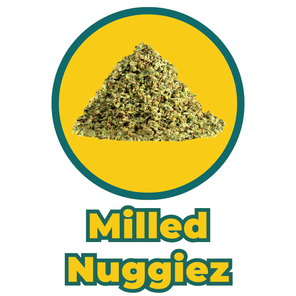 A logo featuring a mound of milled cannabis buds inside a yellow circle with green border, and the text "Milled Nuggiez" below.