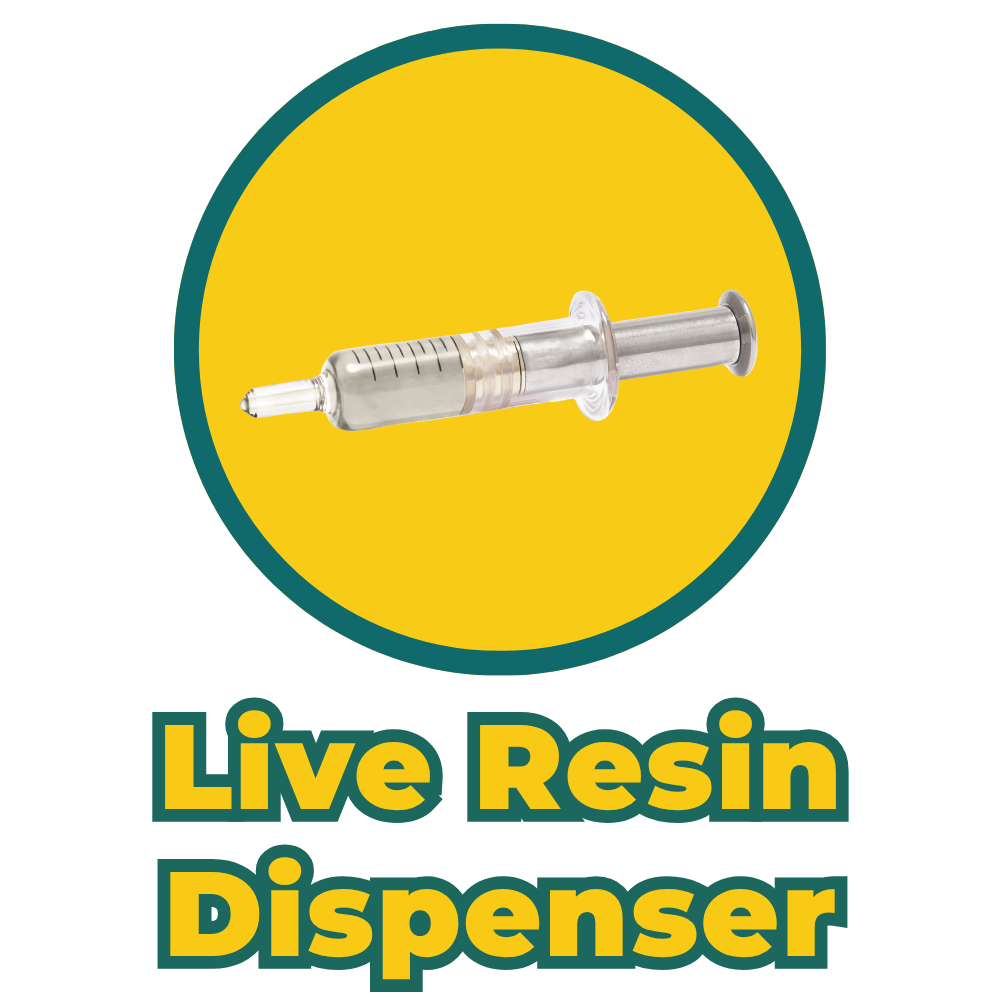 A logo featuring a syringe with a yellow background and green circular border, with text underneath reading "Live-Resin Dispenser" in yellow letters.