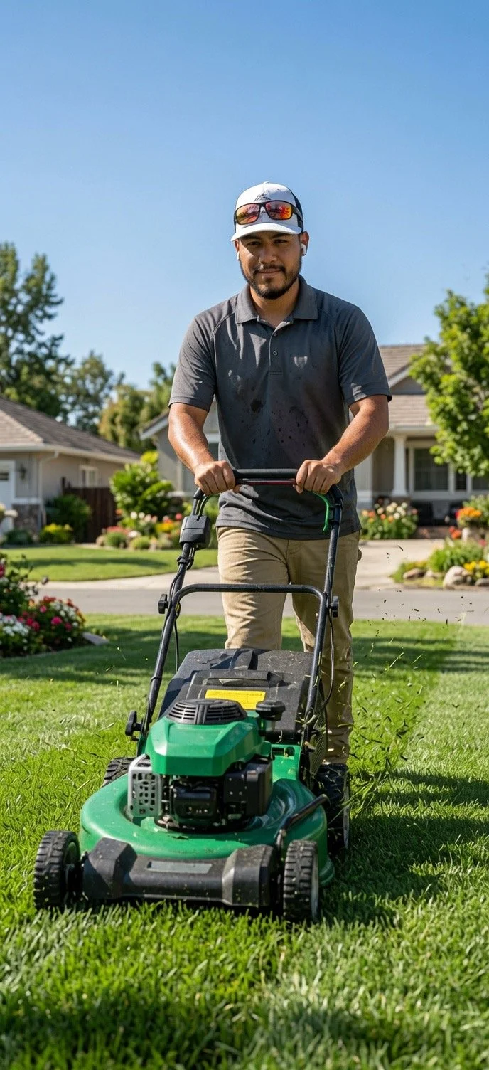 A man mowing the lawn with a push mower in a suburban neighborhood on a sunny day.