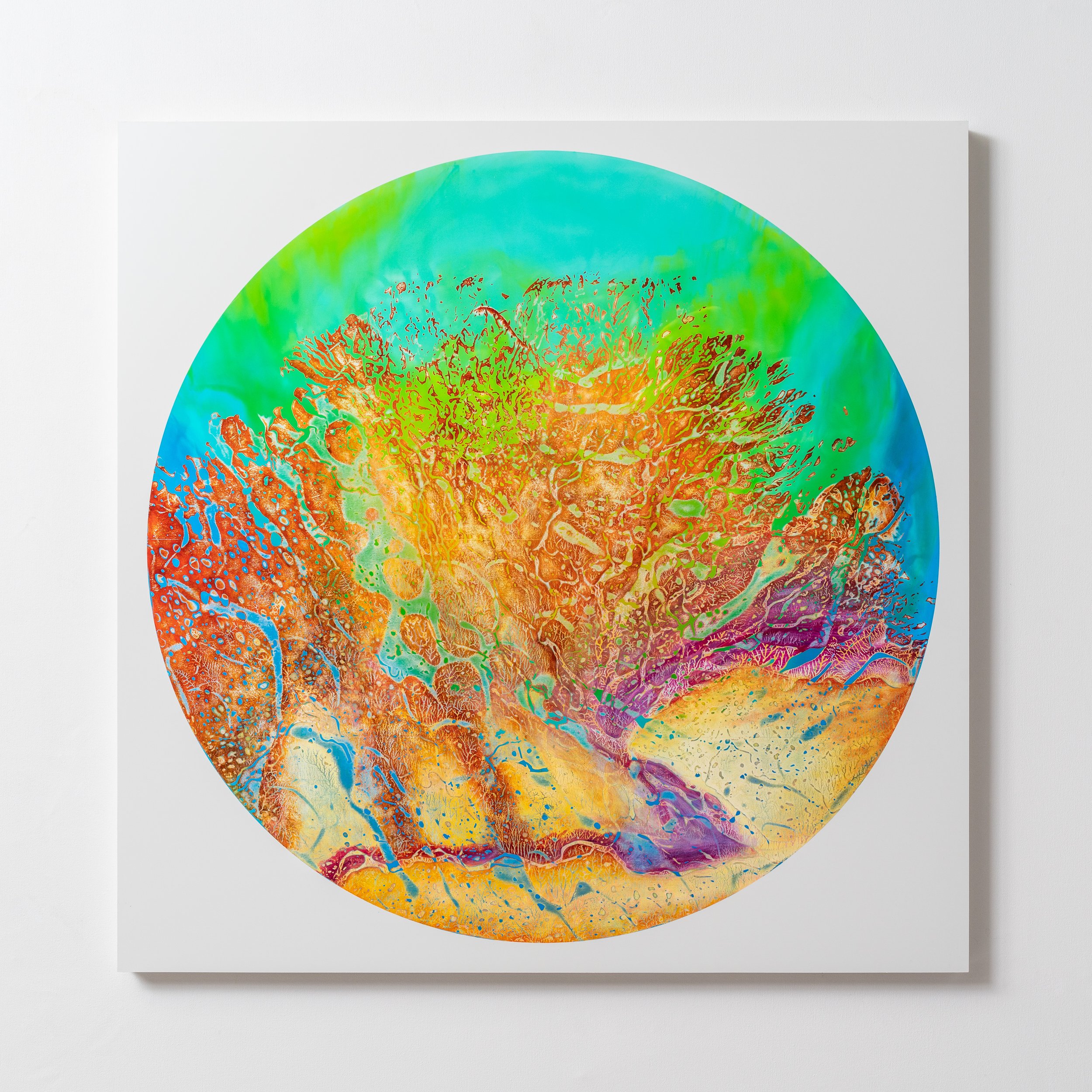 Hydro Chroma S1 3 2022 Mixed media and AMD pigments on honeycomb aluminum panel, 44x44 inches