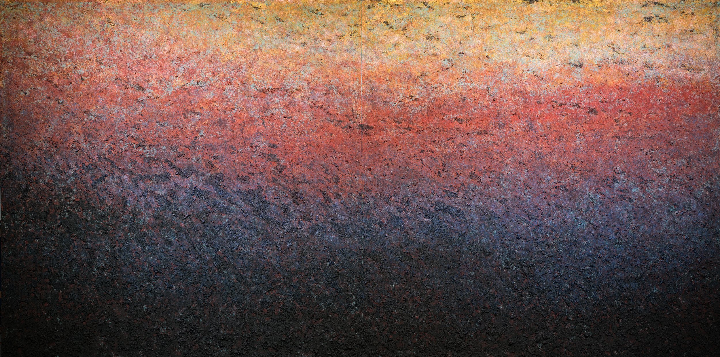 A Spell 2025 Pigments derived from acid mine drainage, acrylic, oil, Appalachian coal on canvas over wood stretchers, 72x144 inches