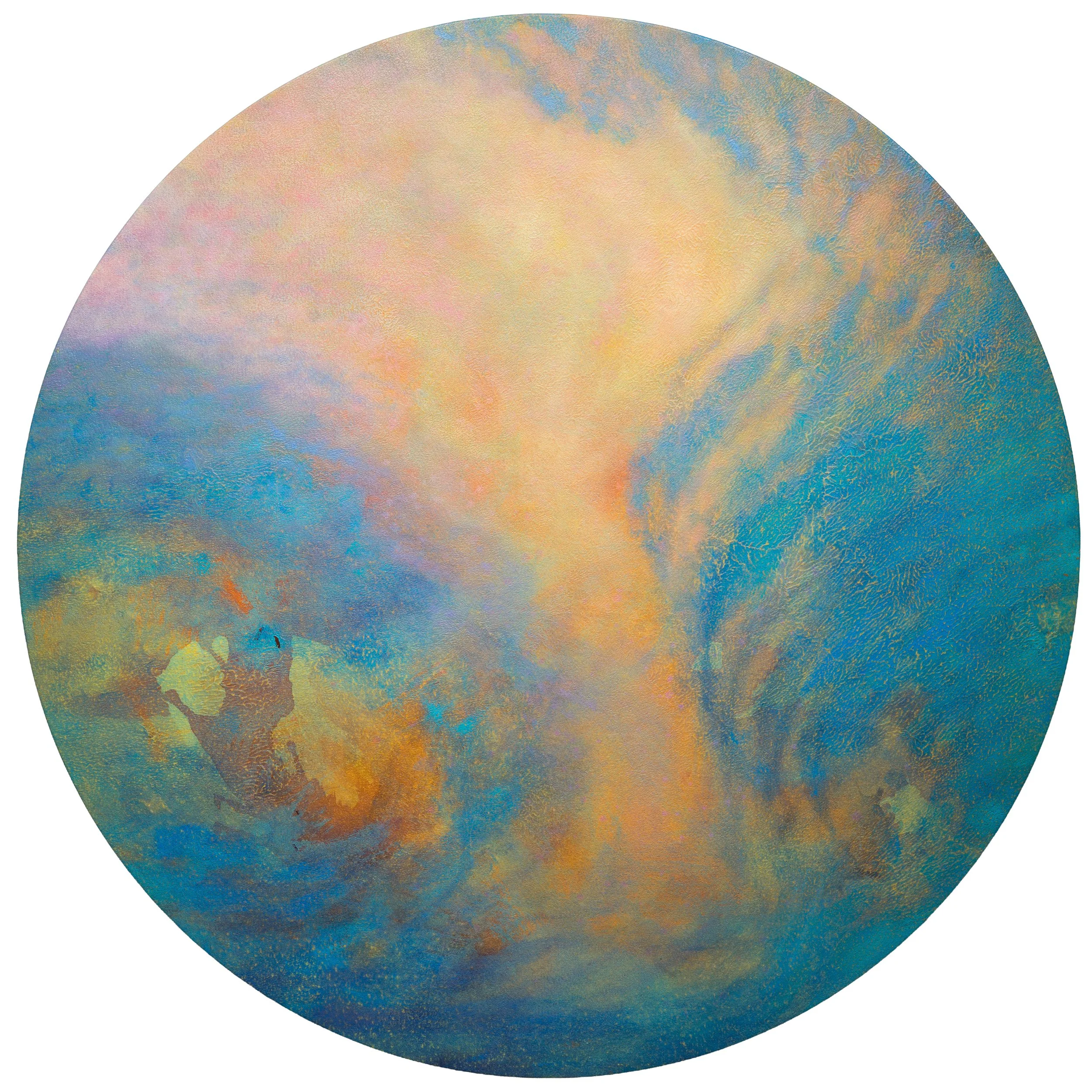 Cloud Atlas 2026 Pigments derived from acid mine drainage, acrylic, oil, on canvas over wood strainers, 107 cm diameter