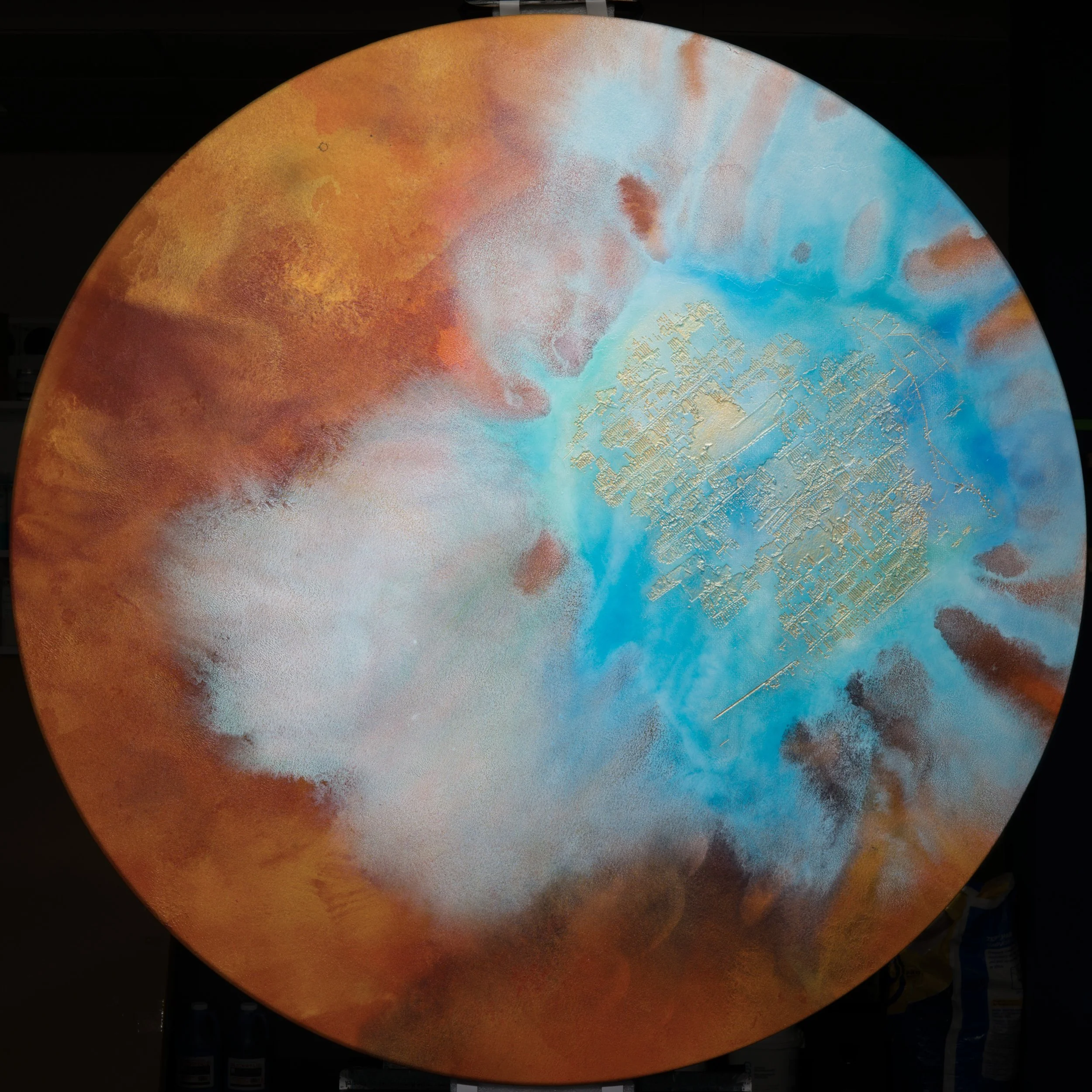 Aetheria 1 2026 Pigments derived from acid mine drainage, acrylic, oil, archival laser cut paper on canvas over wood strainers, 48 inches diameter