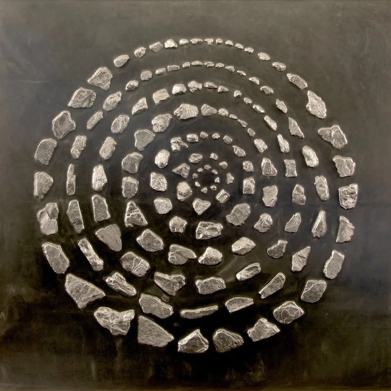 Silver Mirror 2021 Natural graphite, resin, on honeycomb aluminum panel, steel frame, 48x48 inches