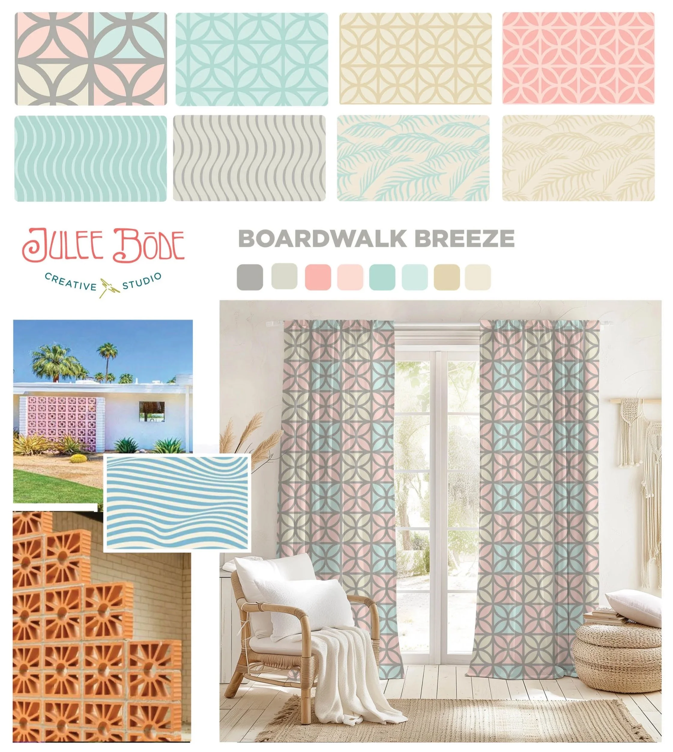 A selection of different coordinating patterns that represent an organic design style of the breeze block that is along the beach with a midcentury inspired textures