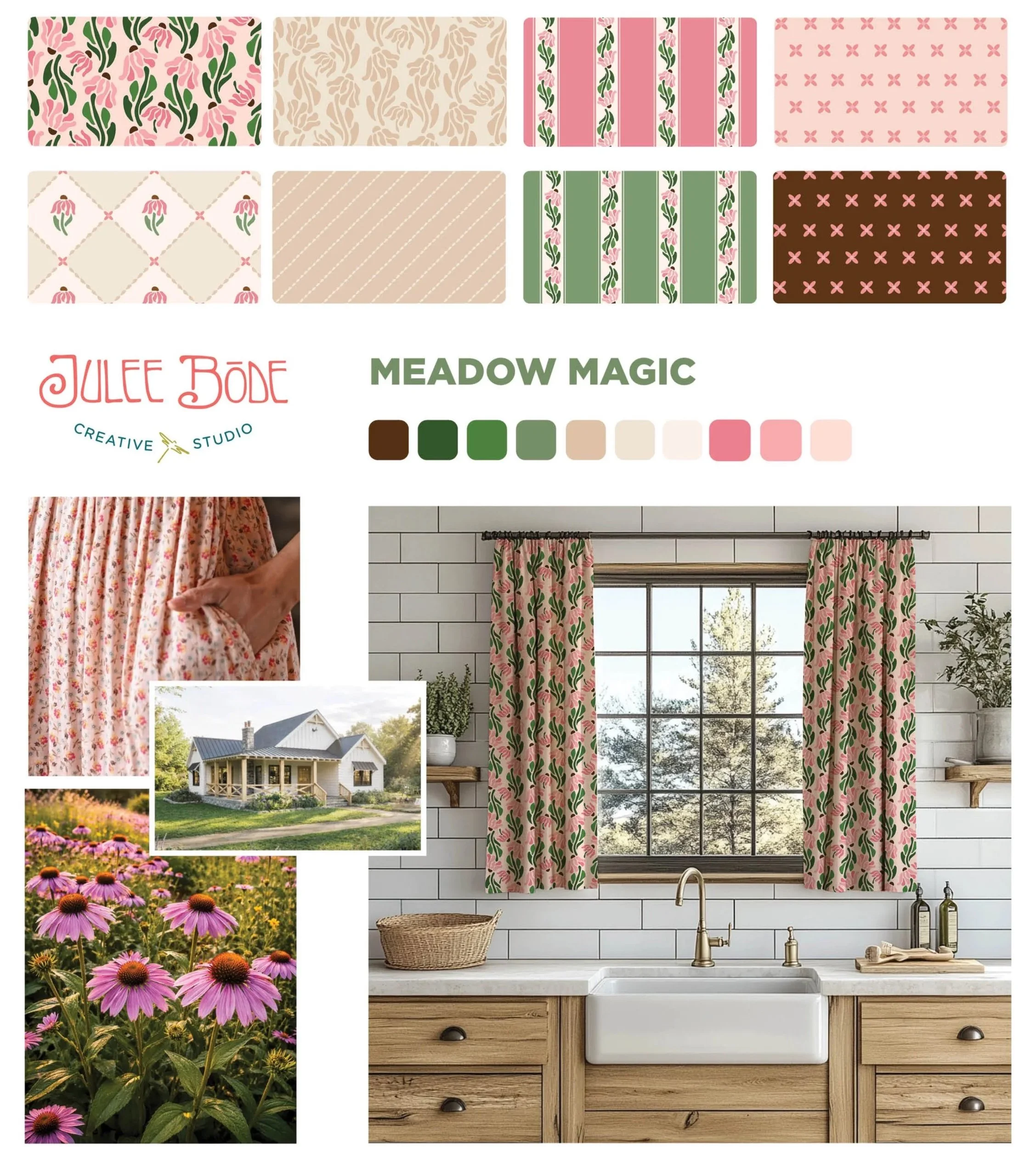 A selection of different coordinating patterns that represent an organic design style of beauty of cone flowers blowing in the wind across the prairie