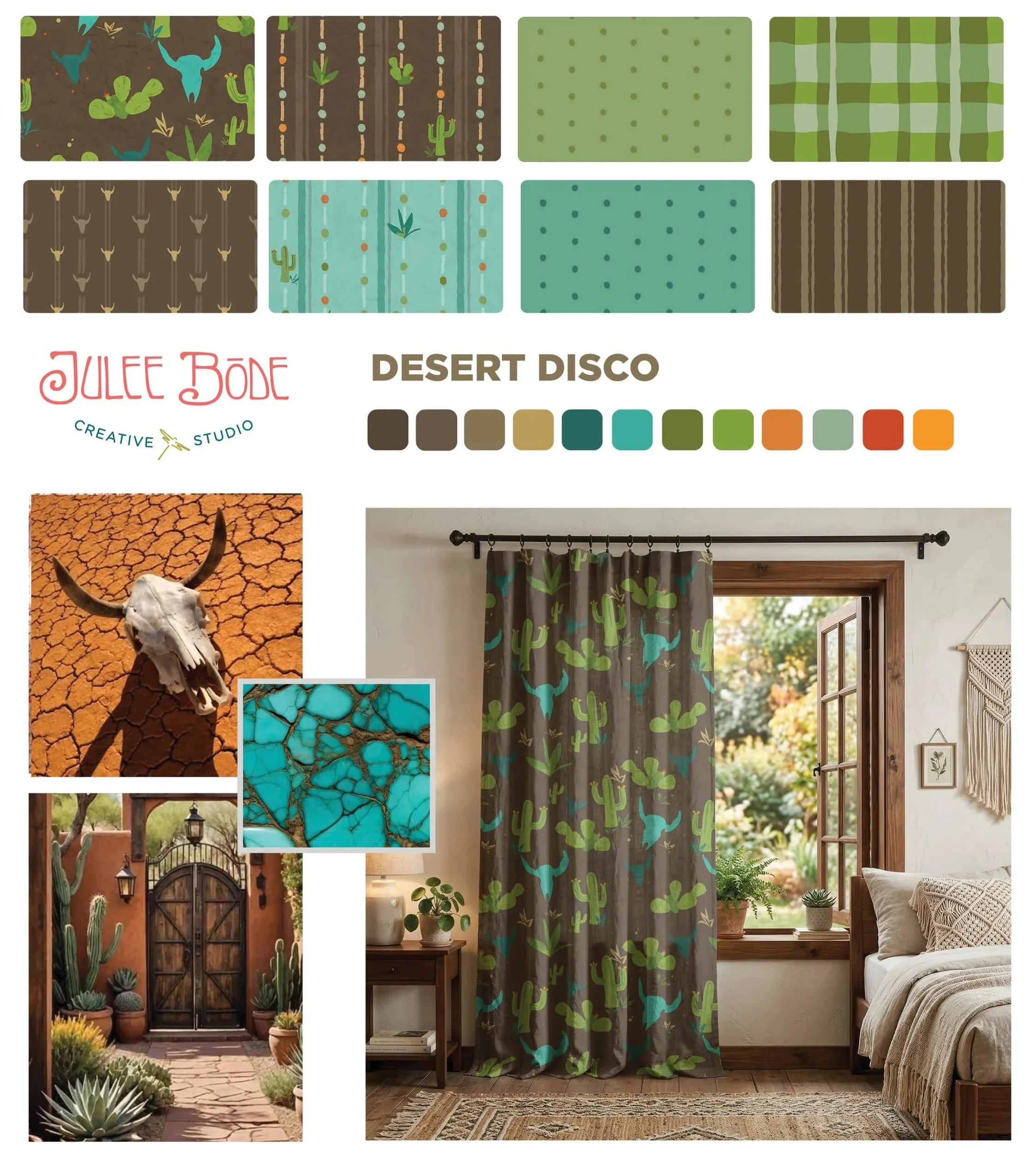 A selection of different coordinating patterns that represent an organic design style of the Southwest Desert