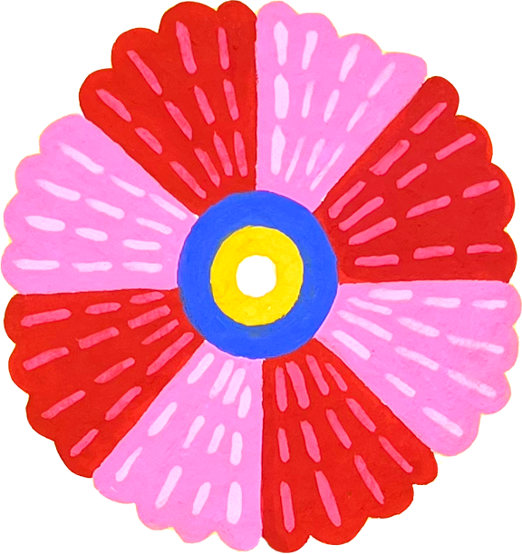 A colorful, abstract folk art flower with red, pink, blue, and yellow sections arranged in a circular pattern.