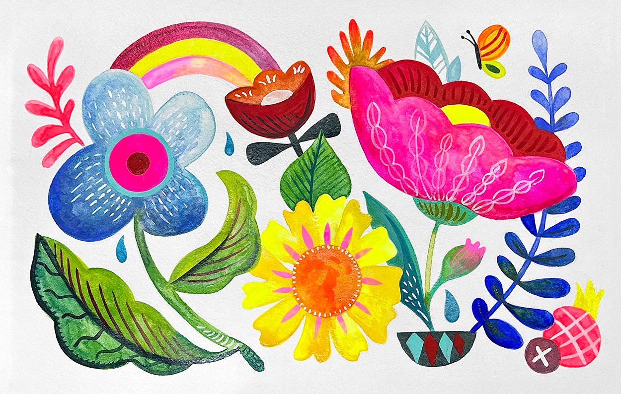 Colorful illustration of various flowers, a rainbow, a butterfly, and a strawberry in a whimsical, hand-drawn style.