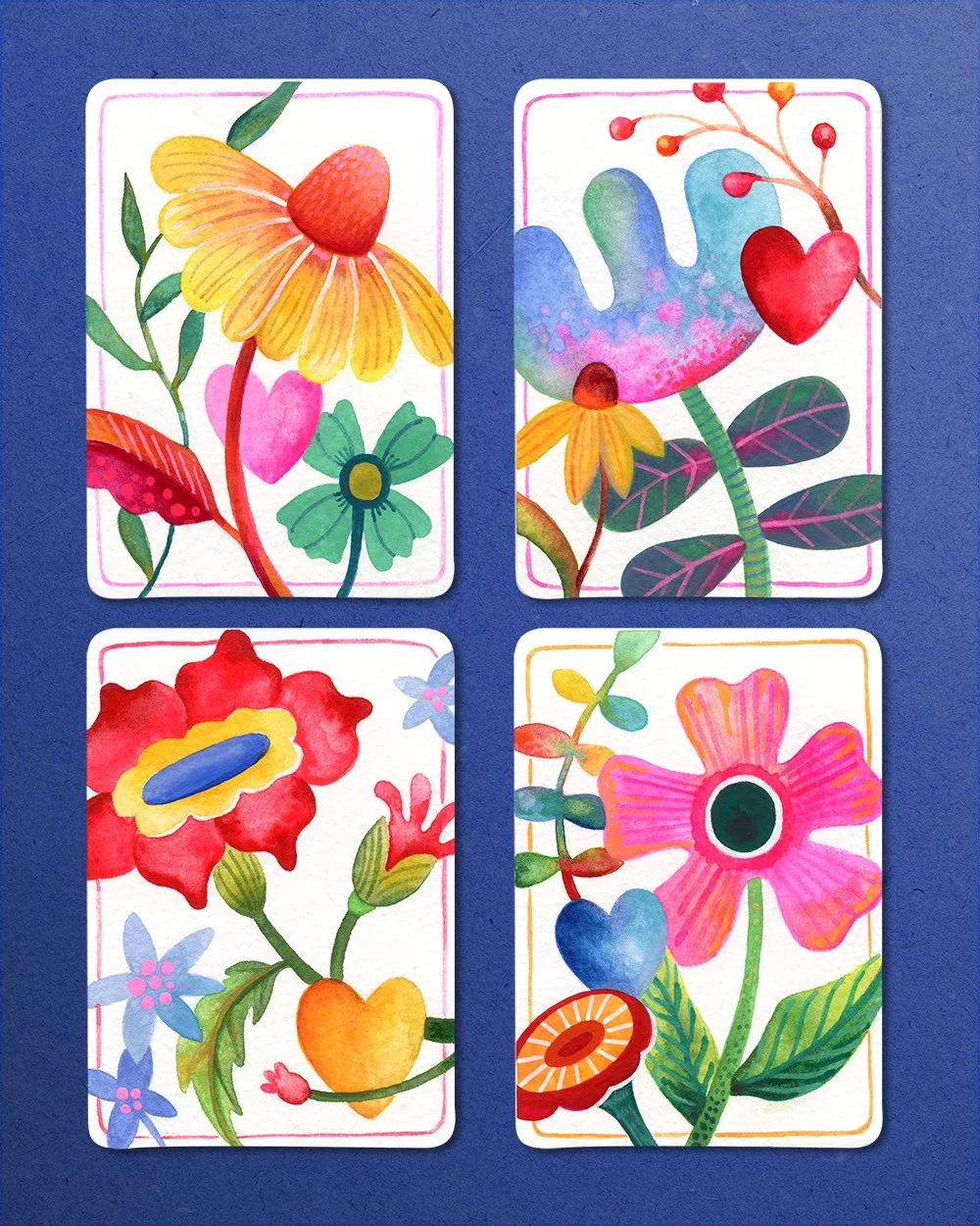 Four illustrated floral cards with colorful flowers and hearts arranged on a dark blue background.