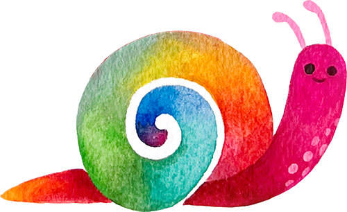 Cute illustration of a snail with a rainbow shell and pink body.