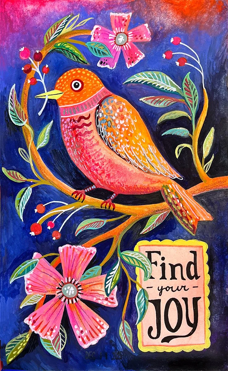 Colorful painting of a bird with orange and pink feathers sitting on a branch surrounded by pink flowers and green leaves, with a dark blue background and the words 'Find your Joy' written in a decorative box.