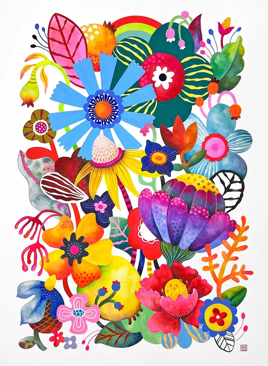 Bright, colorful abstract floral illustration with various stylized flowers and leaves.