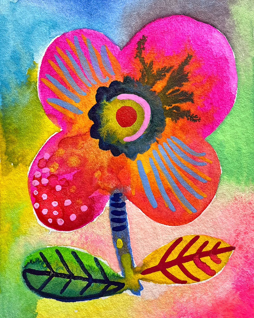 Colorful abstract painting of a flower with pink, orange, green, and yellow petals and leaves, set against a multicolored background.