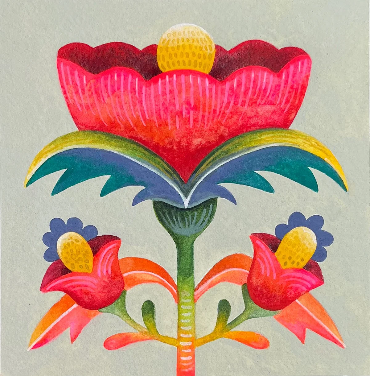Colorful floral illustration with a large red flower at the top, green and yellow leaves, and smaller red flowers with yellow centers at the bottom.