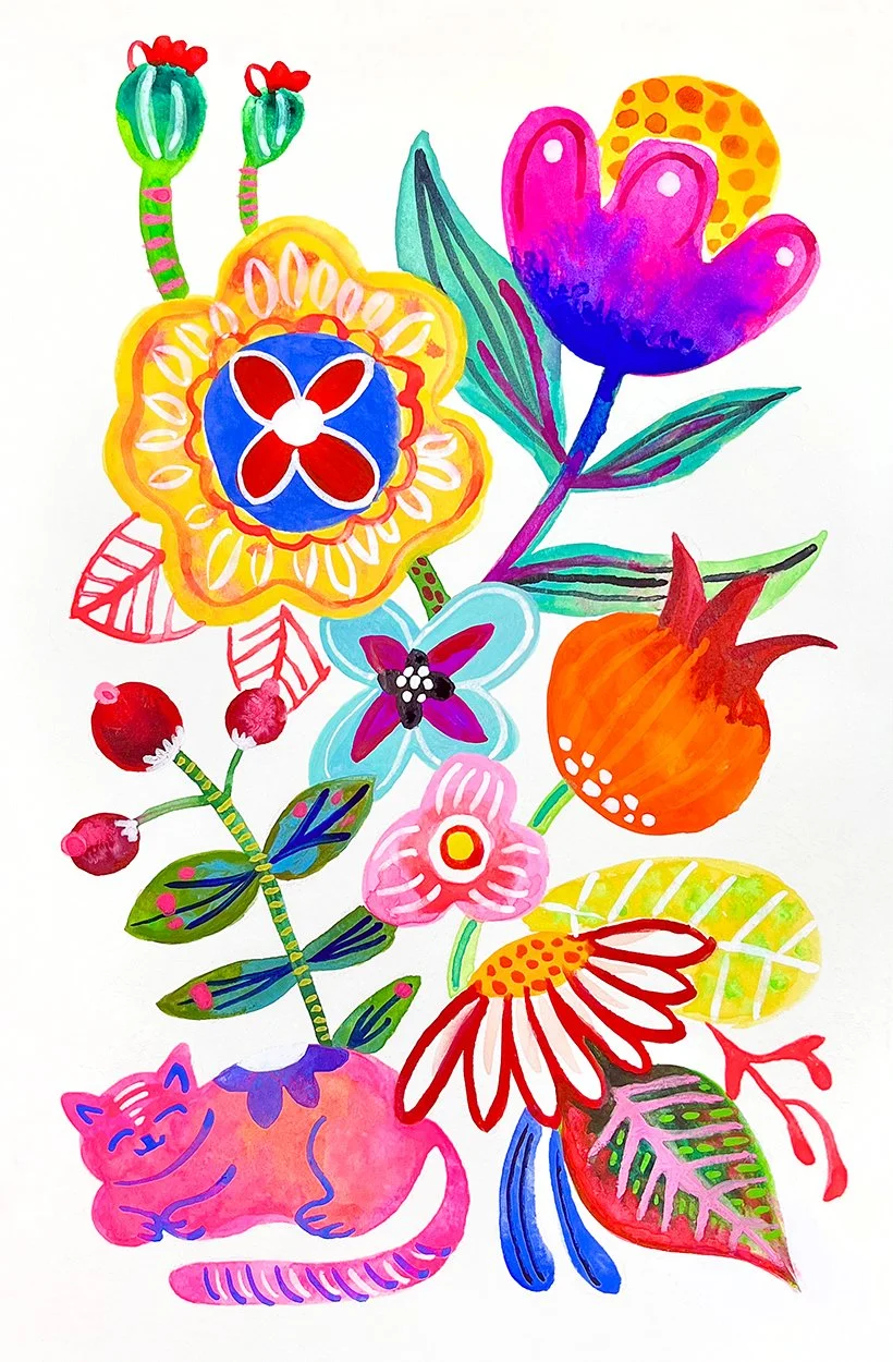 Colorful watercolor painting of various flowers, leaves, pomegranates, and a pink cat lying among the plants.