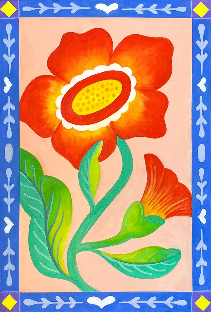 Painting of a large red-orange flower with a yellow center, green leaves, and a smaller flower bud, surrounded by a decorative blue border with white arrow and heart patterns.
