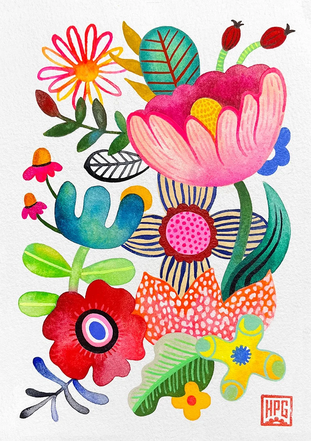 Colorful abstract illustration of various flowers and leaves with a bright, lively style.