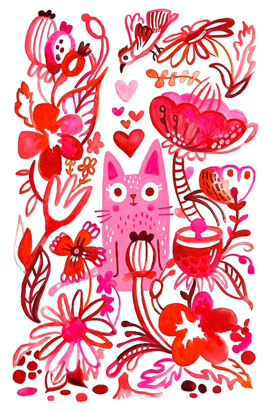 A colorful illustration featuring a pink cat surrounded by flowers, hearts, a hummingbird, and other decorative elements in shades of red, pink, and orange.