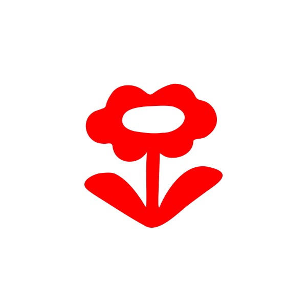 Red flower with a stylized design inside a white circle, against a black background.