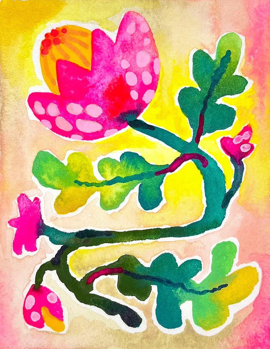 Watercolor painting of colorful flowers with pink, red, yellow, green, and orange petals and leaves, set against a pink and yellow background.
