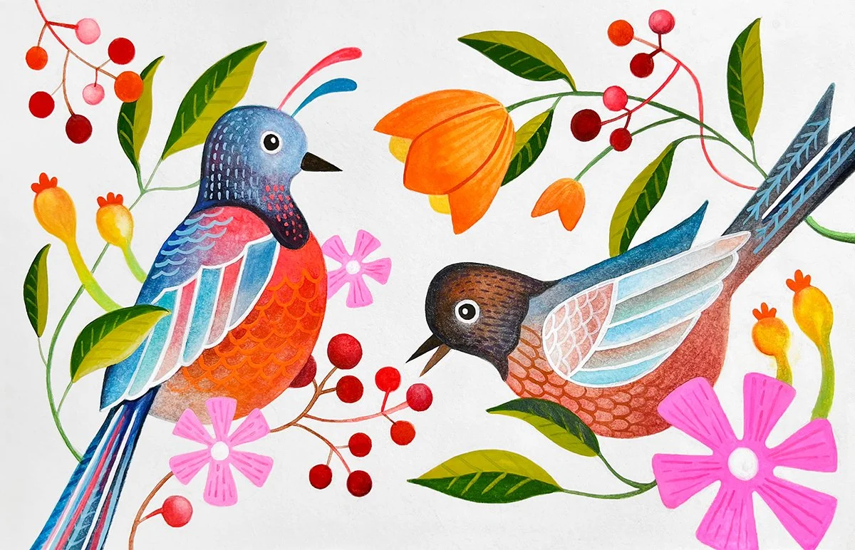 Colorful illustration of two birds surrounded by flowers, leaves, and berries.