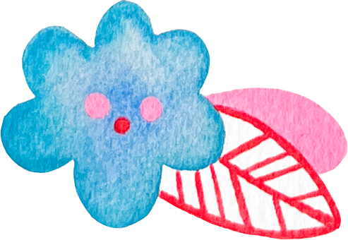 A colorful painting of a blue flower with pink and red dots, alongside a pink and red leaf.