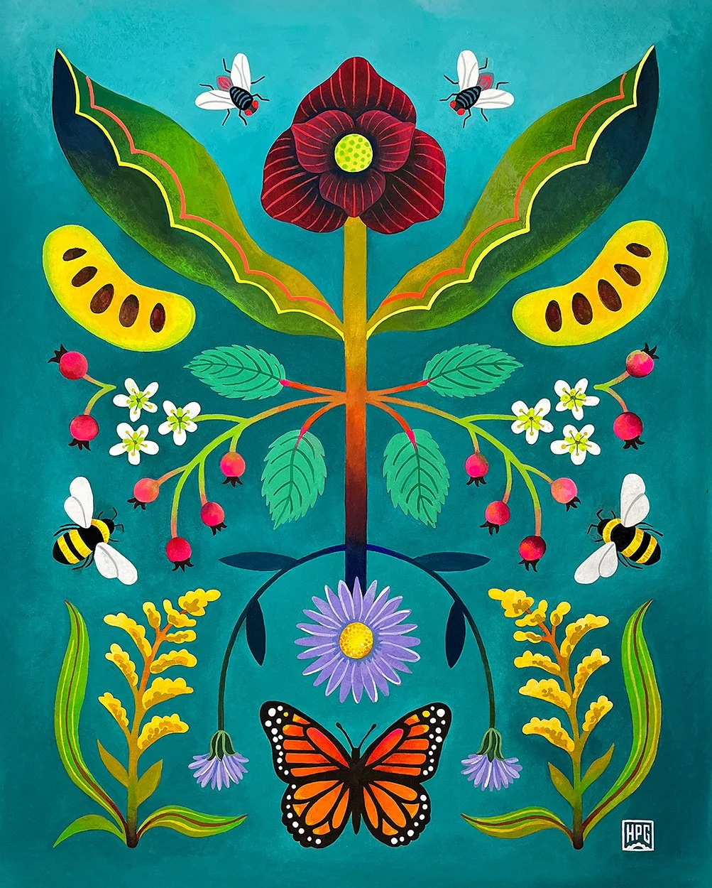 Symmetrical folk floral painting featuring colorful native plants and pollinators of the Southwest Indiana region.