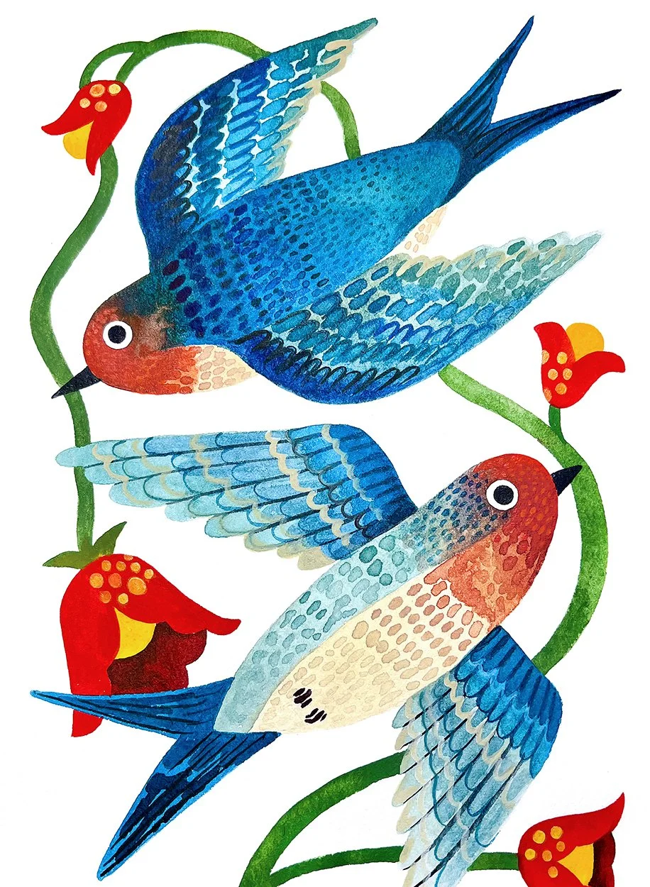 Two colorful blue and red birds with detailed feathers flying among red and yellow flower-like plants with green stems.