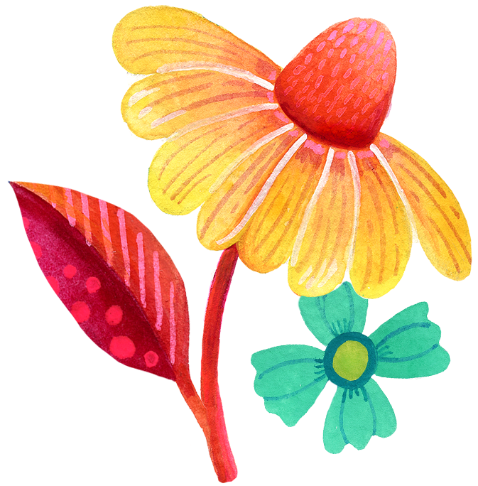 Colorful watercolor illustration of two flowers and a leaf, one large yellow flower with a red center and a smaller blue-green flower.