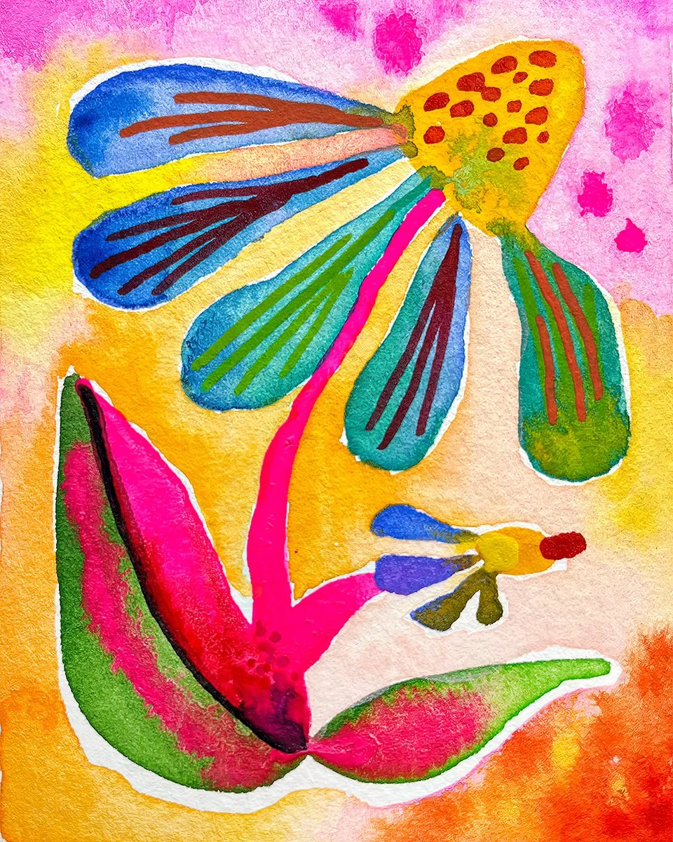 Colorful watercolor painting of a unicorn with rainbow-colored wings and a pink and green body, set against a vibrant pink, yellow, and orange background.