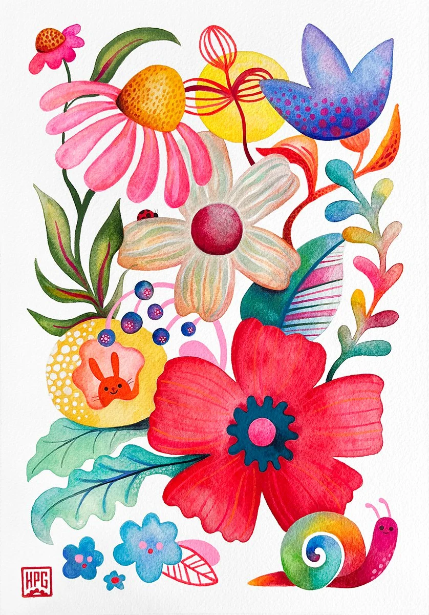Colorful watercolor painting of various flowers, leaves, berries, a snail, and a small bunny illustration on a white background.