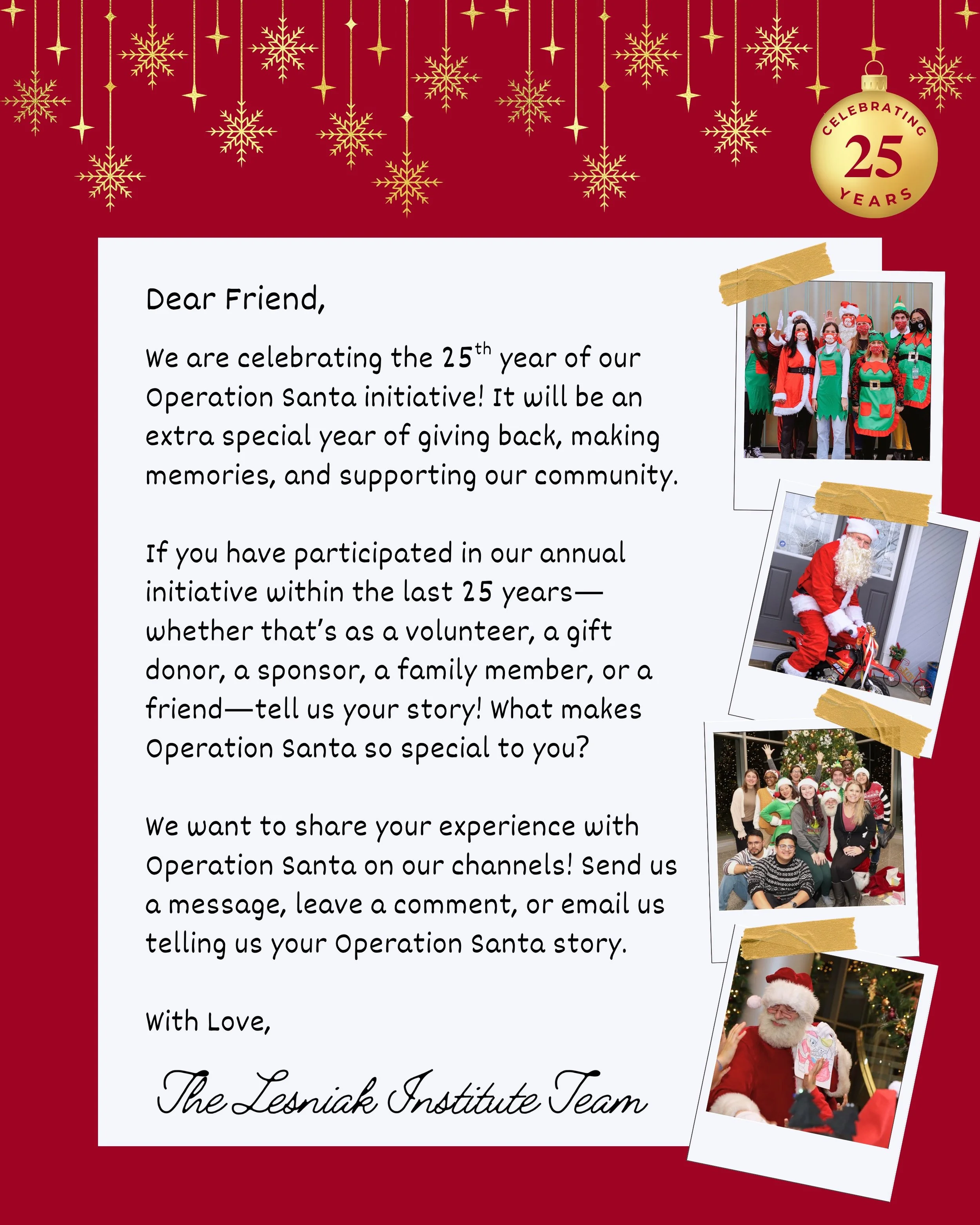 📣 ATTENTION: SANTA&rsquo;S SPECIAL HELPERS 📣 We want to highlight your Operation Santa story ‼️

To celebrate 25 years of holiday magic, we are involving everyone who has participated in our Operation Santa tradition. 🎄🎁
If you were a:
❄️ Volunte