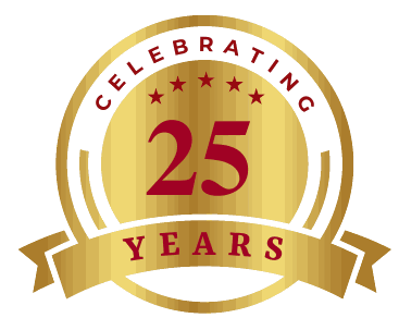 Gold and red 25 years celebration emblem with stars and ribbon