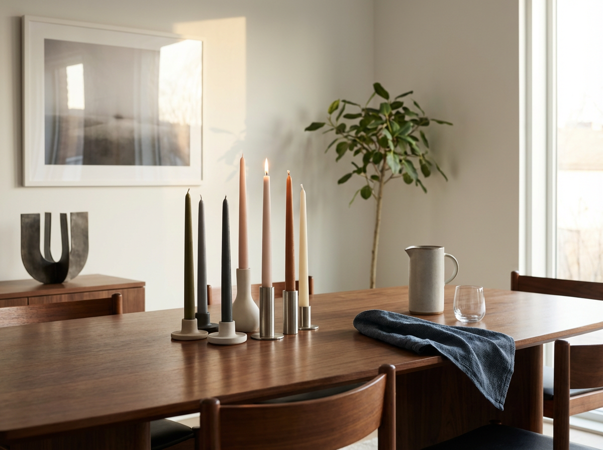 Wood dining table with seven colorful candles, a ceramic pitcher, a glass, and a dark cloth, in a bright room with a plant and wall art.
