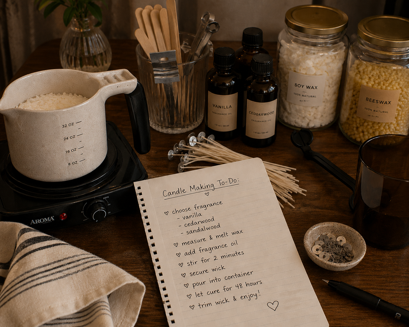A candle making station with a warm-toned table showing a list for candle making, fragrance oils, jars of beeswax and soy wax, a pot of melted wax, essential oils, and candle wicks, surrounded by candle tools and accessories.