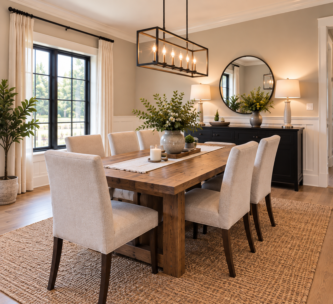 Dining room with farmhouse table and lantern chandelier
