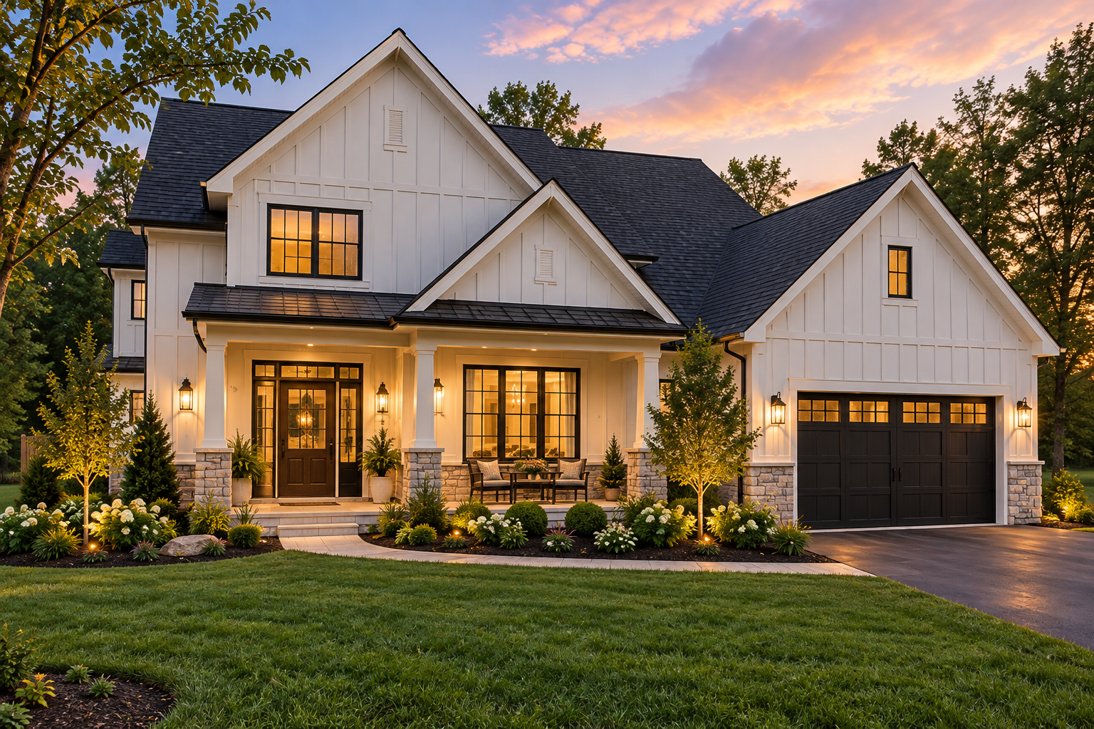Farmhouse-style home exterior at sunset