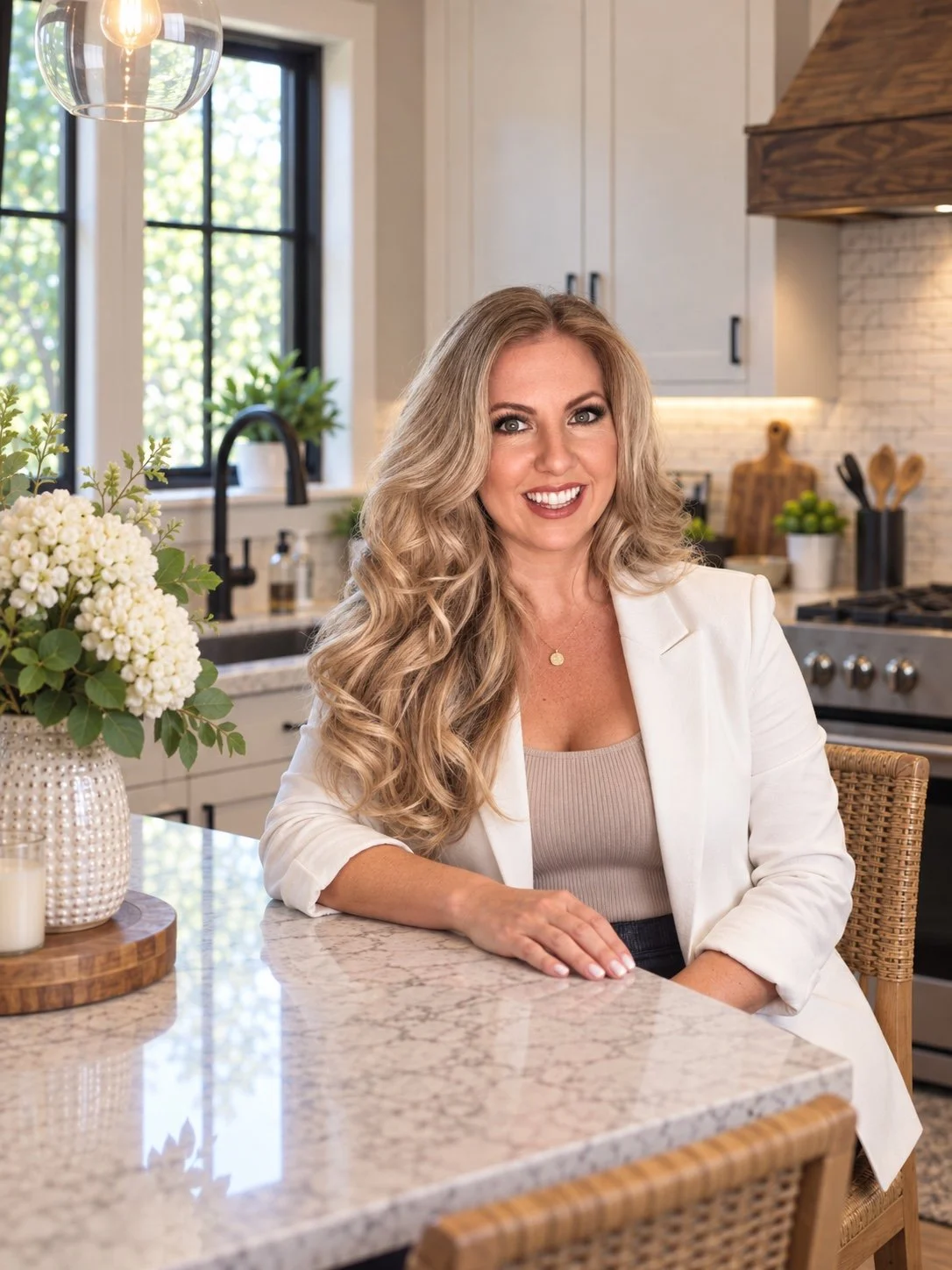 Jamie Dumaine-Russell, Connecticut REALTOR, at a kitchen island