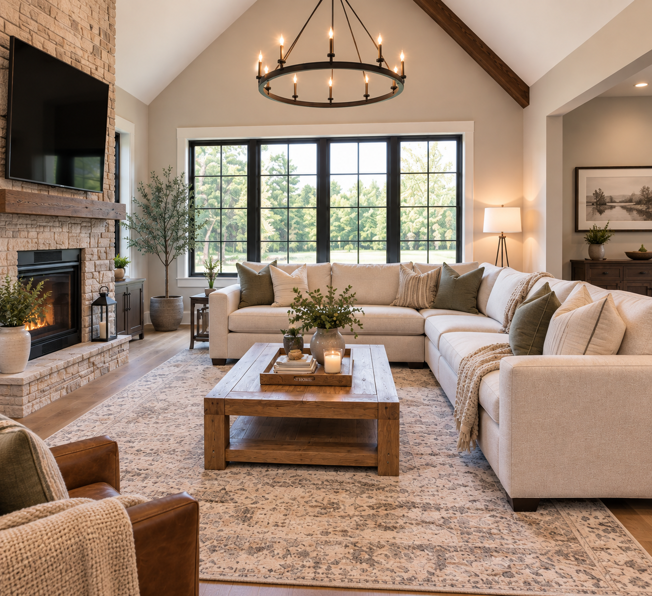 Bright living room with vaulted ceiling and stone fireplace