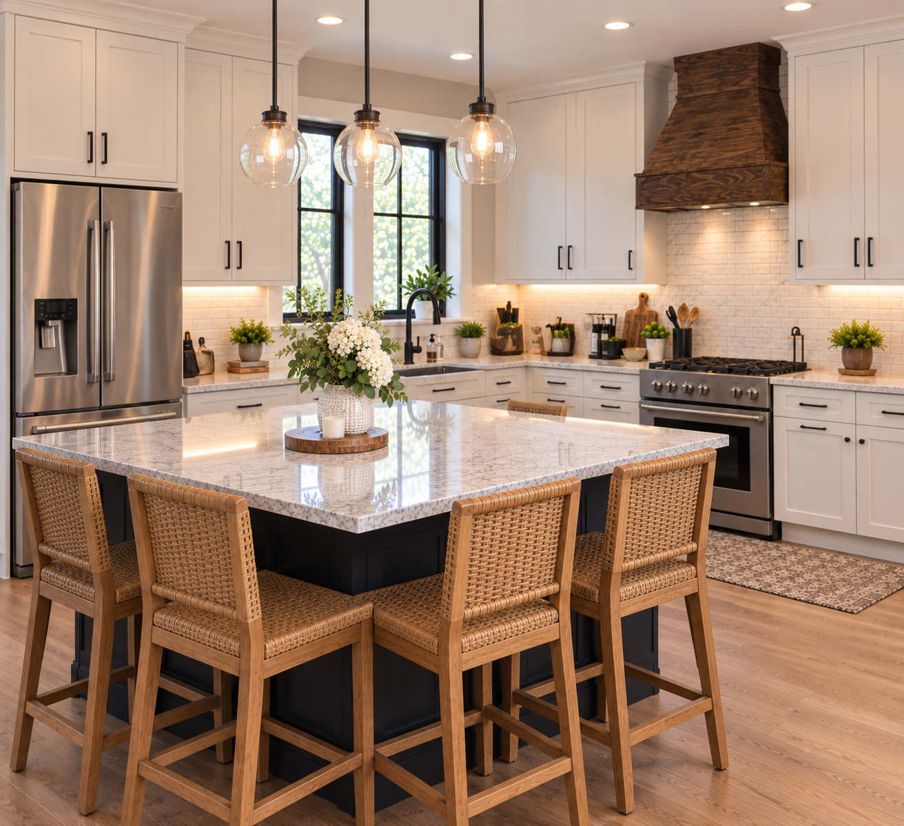 White kitchen with marble island and woven counter stools