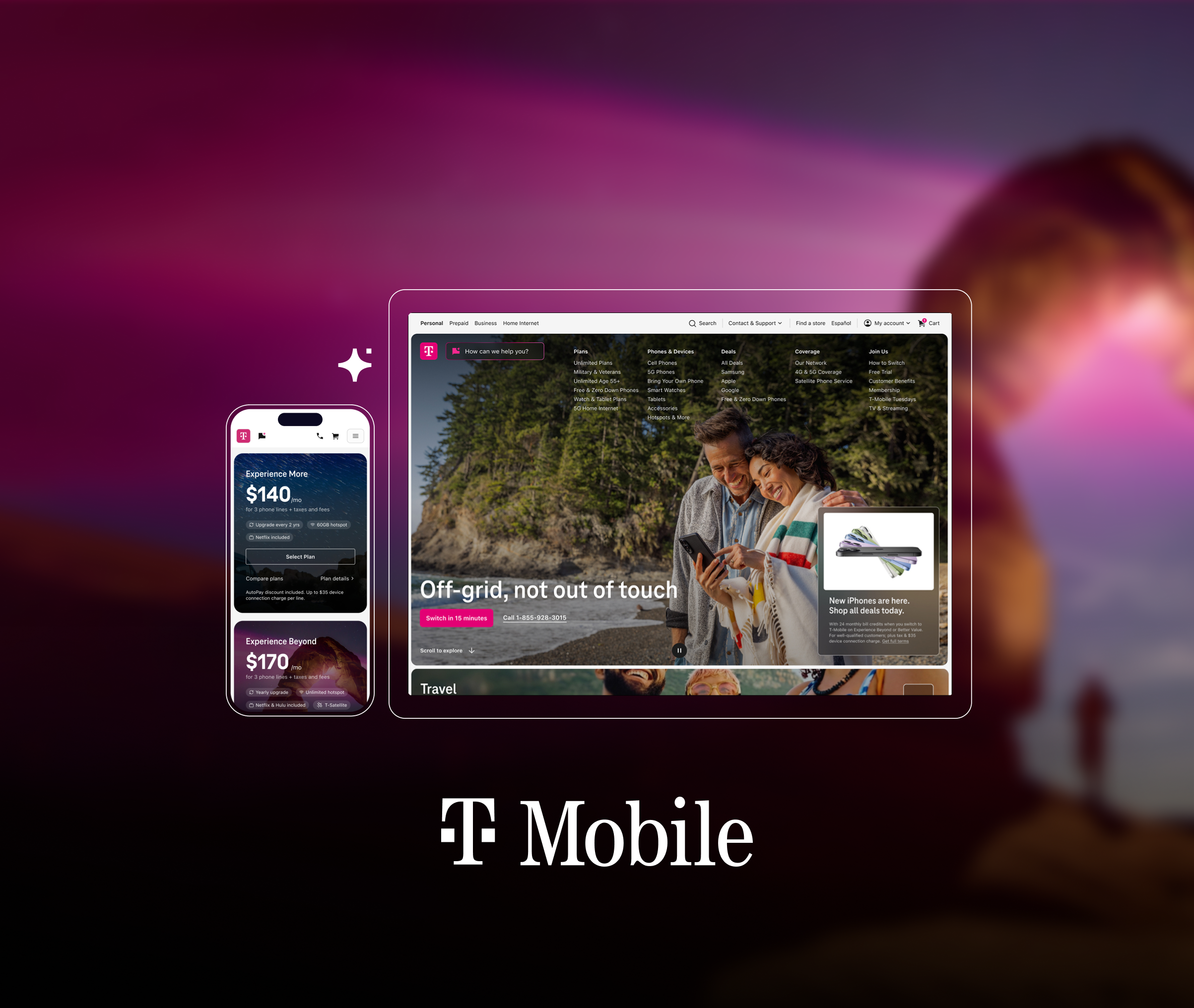 Smartphone and computer screens displaying T-Mobile plans and offers, with a background of a couple smiling outdoors near a body of water and trees, promoting T-Mobile services.