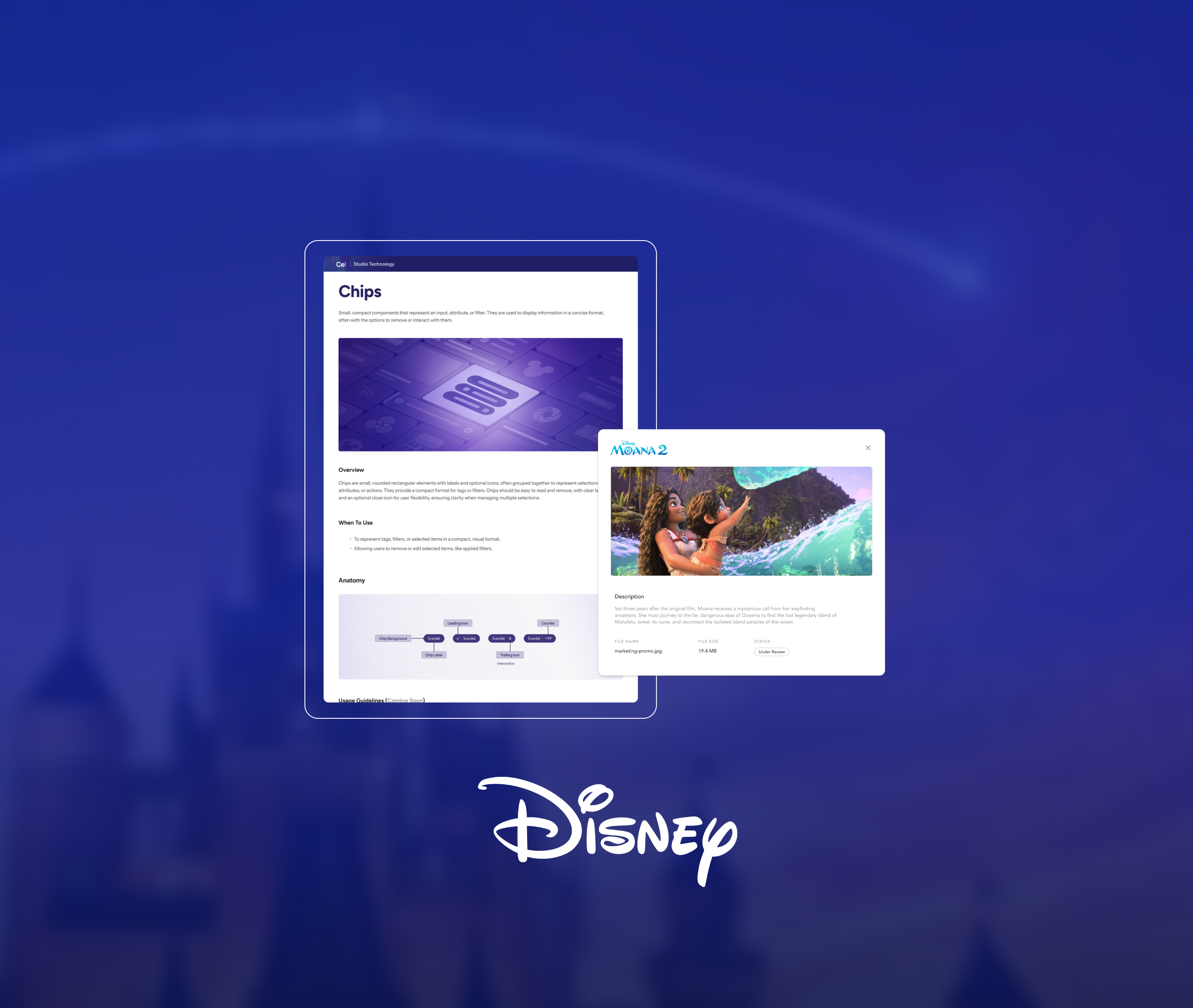 A computer screen showing a webpage titled "Chips" with a large image of a computer chip and a secondary webpage for Disney Moana 2 with a scene of characters at the beach.
