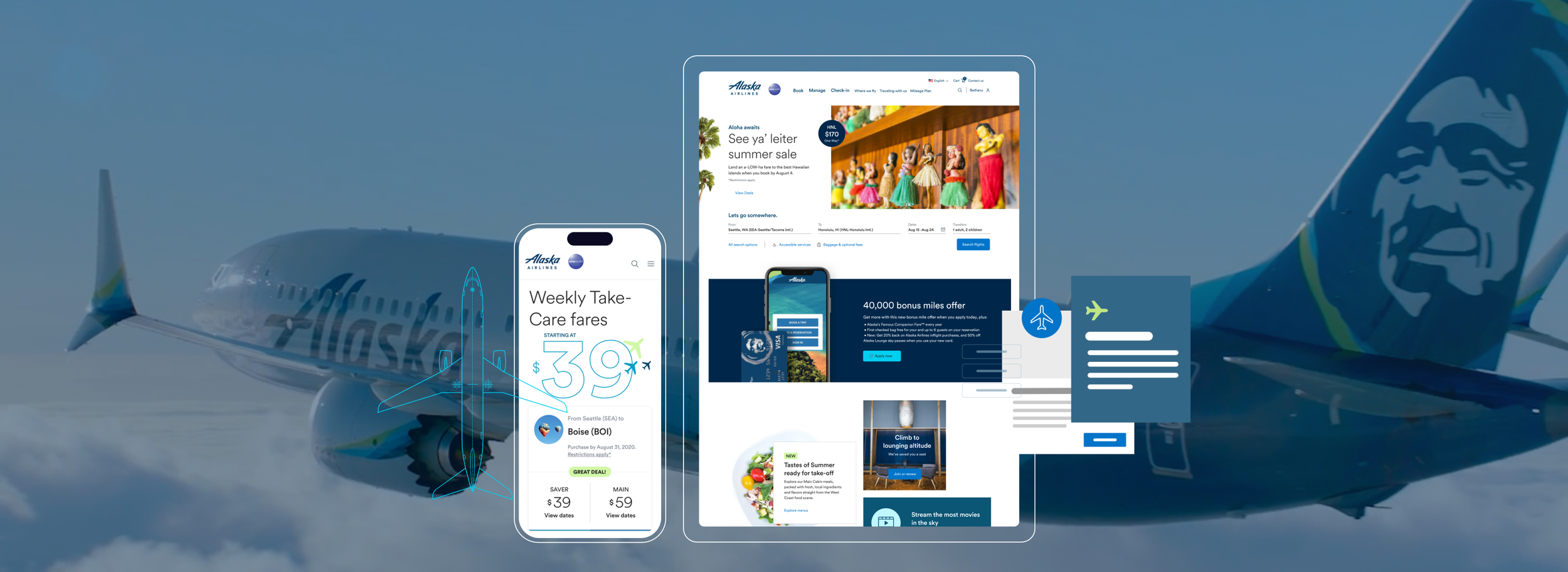 Digital collage showing Alaska Airlines branding, a plane tail and wing in flight, and overlapping mobile and web interfaces of airline booking, offers, and travel information.