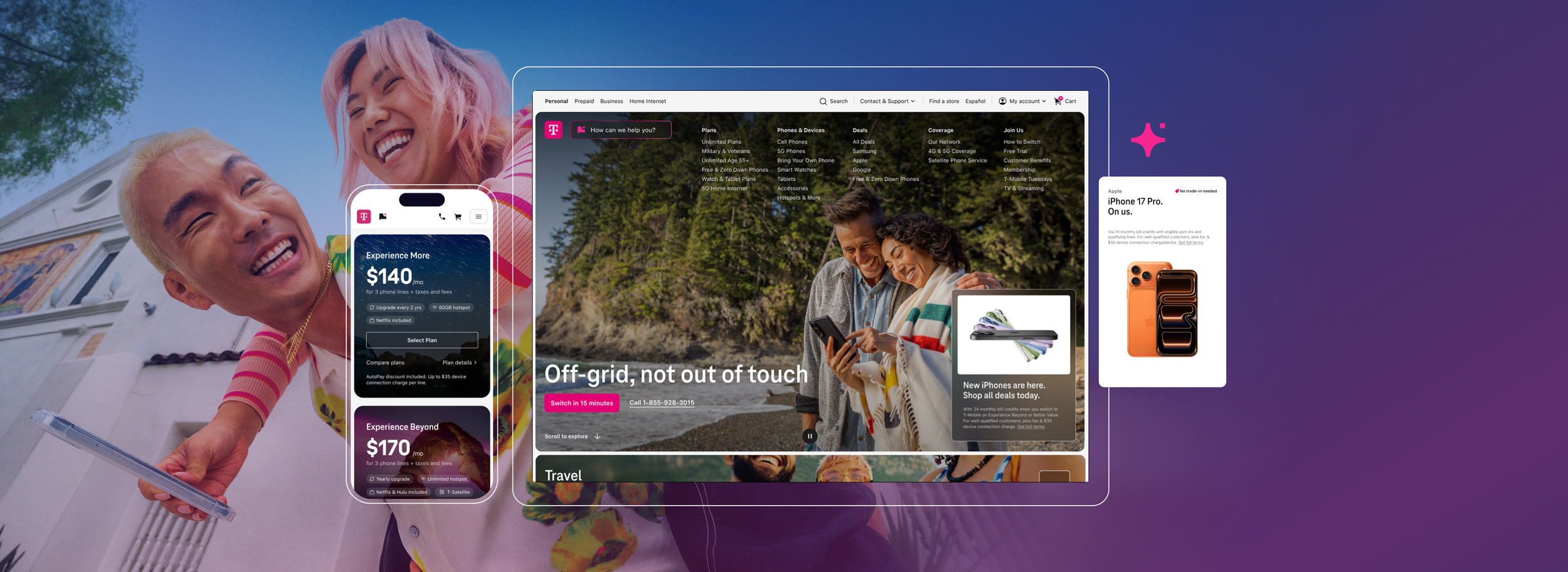 People smiling and using smartphones outdoors with digital devices displaying telecom and internet plans and products