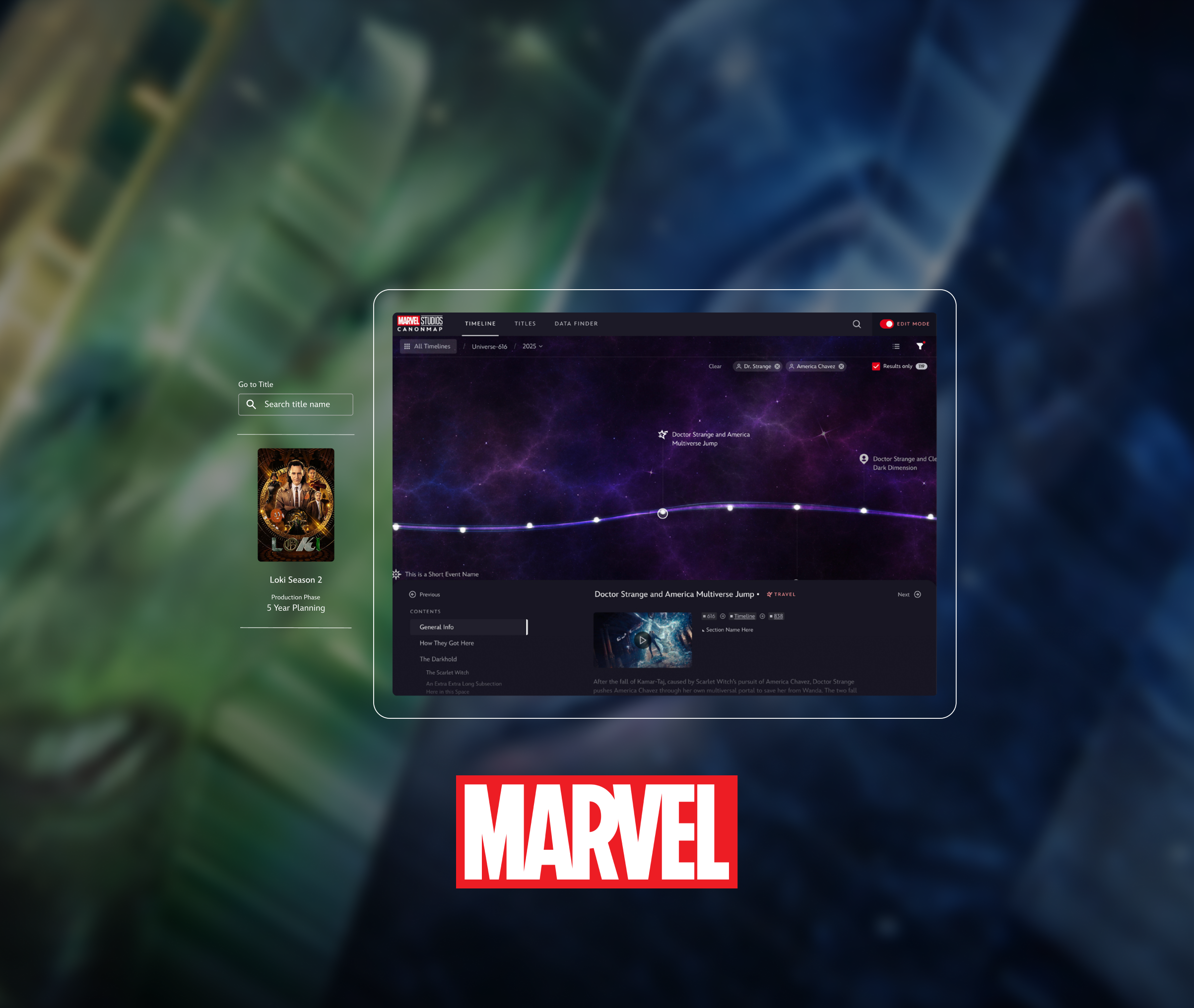 Screenshot of a Marvel Studios webpage or app with a black background and galaxy theme, showing a section titled 'Doctor Strange and America Chavez Multiverse Jump'. There are navigation options for timeline, titles, and data finder, with a search bar and filters for creators and results. Partially visible at the bottom is the Marvel logo.