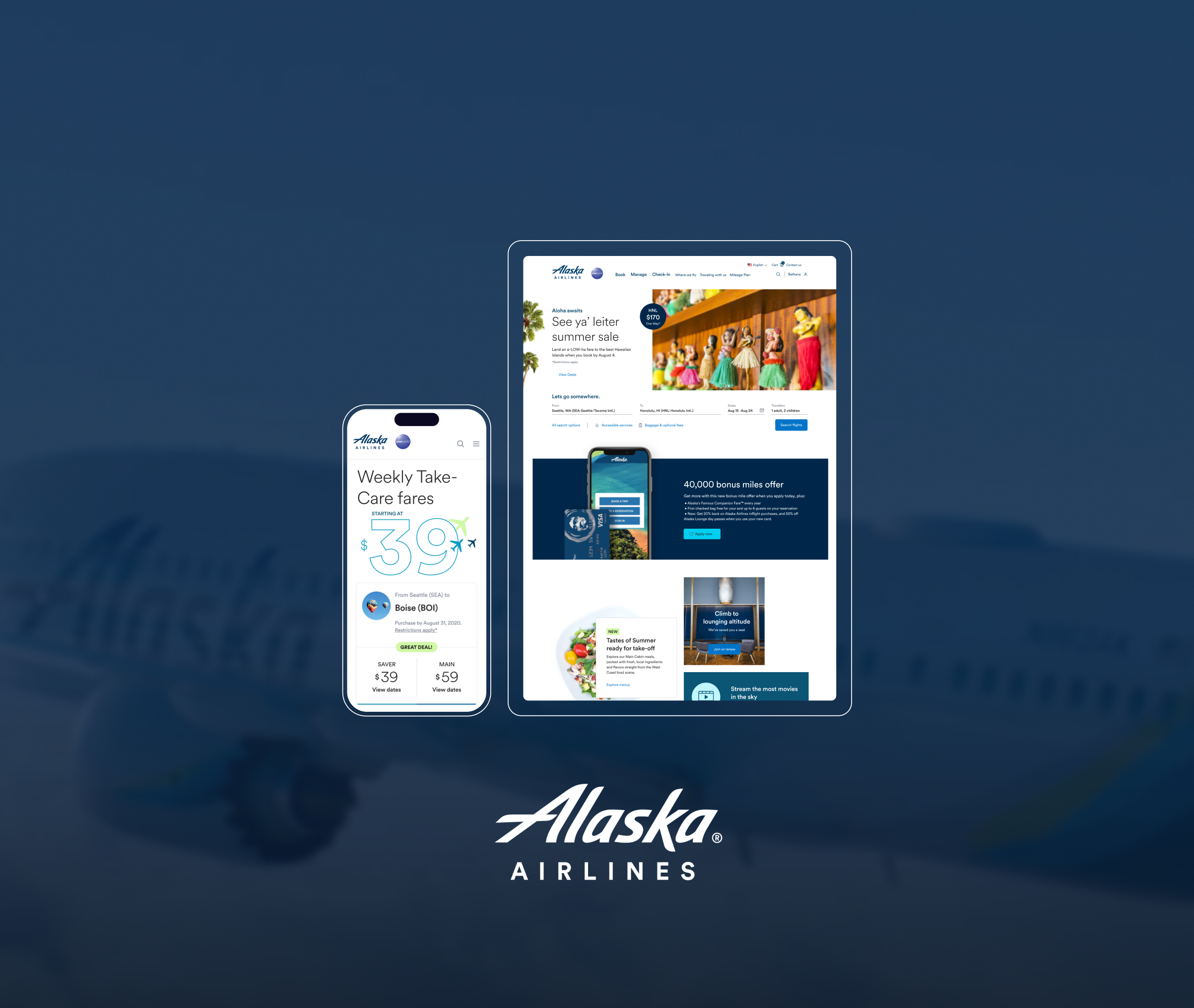 Samsung smartphone and tablet displaying the Alaska Airlines website on a dark blue background with Alaska Airlines logo.