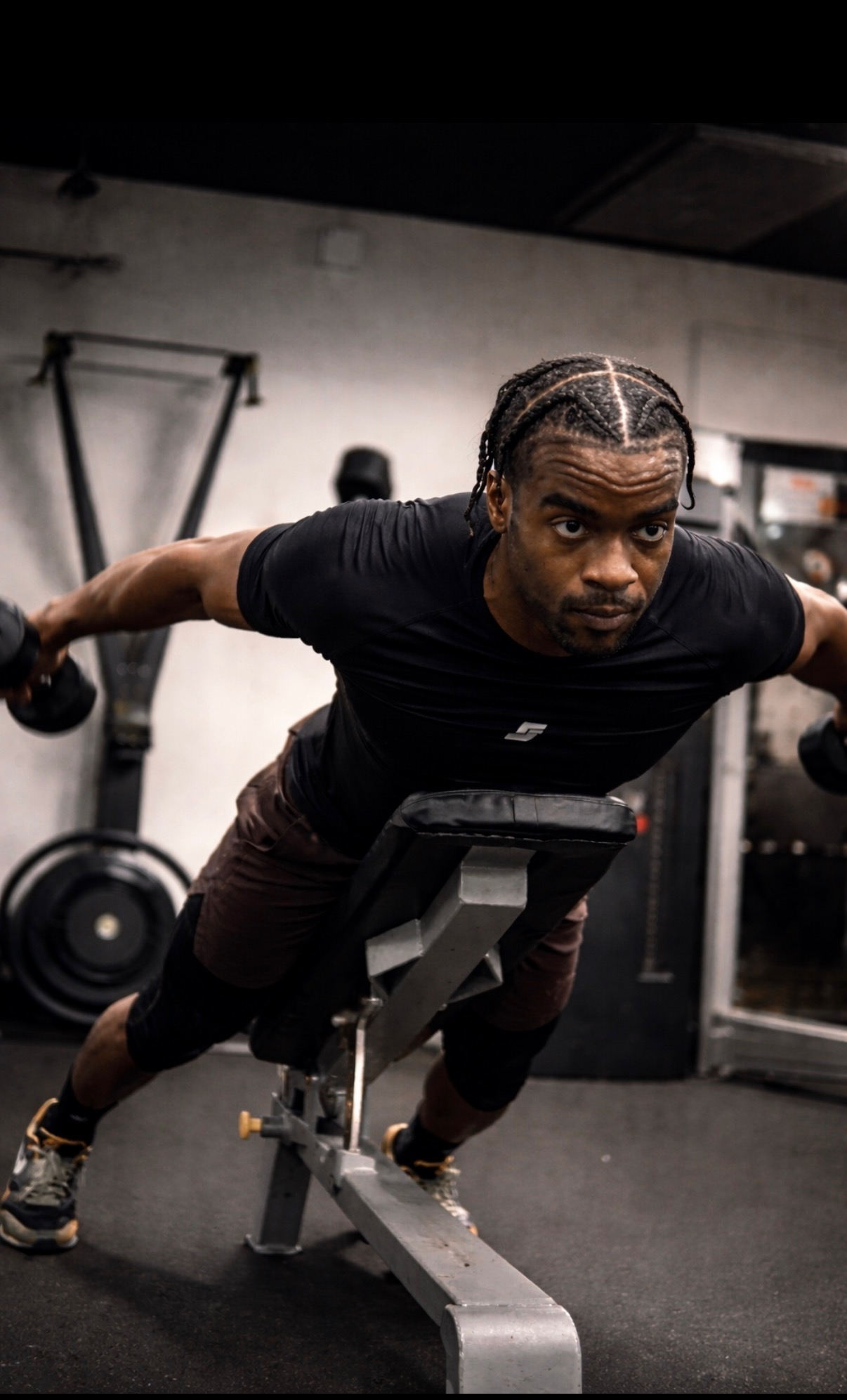 Samuel "S3" performs a bent-over row exercise with dumbbells at the Athletes Sports Development, focusing on his workout.