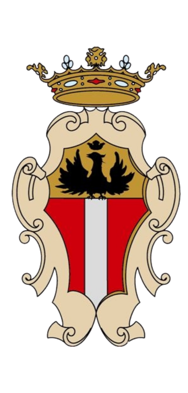 A coat of arms featuring a crowned crest above a shield with a black eagle on top and a red and white vertical stripe in the center, surrounded by ornate beige scrollwork.